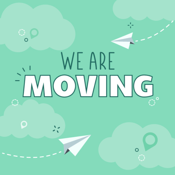 green box with text that says We're Moving